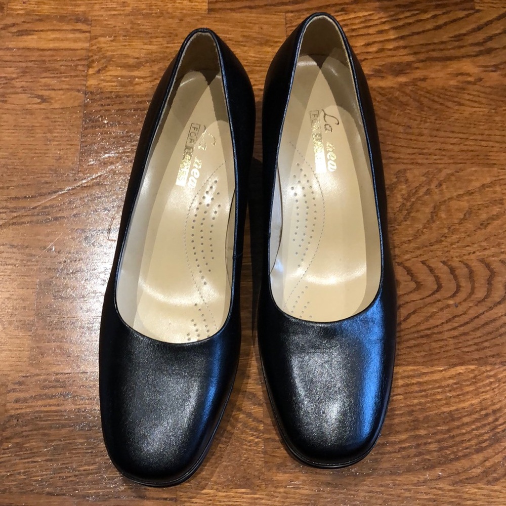 Classic Black Leather Wide Kitten Heels